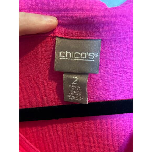 Chico’s Women Size 2 8/10 Gauzy Pink V Neck Long Sleeve Preppy Barbie - Picture 3 of 8